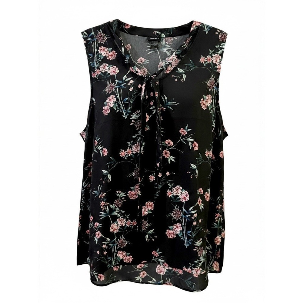 Torrid NEW Size 2 Black & Pink Floral Tie Neck Tunic Tank Plus Size (14-16)